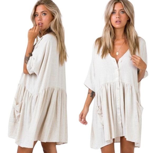 Princess Polly Dresses & Skirts - Princess Polly Natural Flax Blend Sandy Mini Dress Oversized NWT Sz XS / S